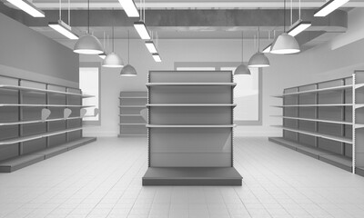 Set of Empty Shelves in Store Interior, View From Perspective, 3D rendering