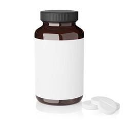 mockup of pharmacy bottle with blank label and pills