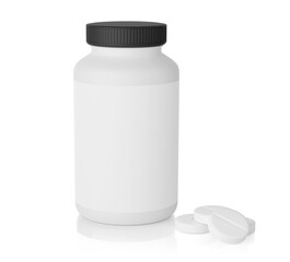 mockup of pharmacy bottle with blank label and pills