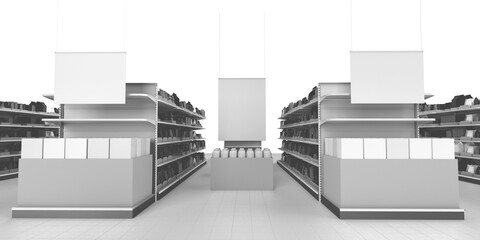 Blank White Banners And Box With Products, Set of Shelves in Supermarket Interior, View From Perspective, 3D rendering