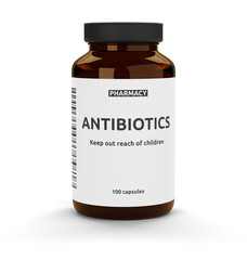 Antibiotic pills bottle isolated on white background