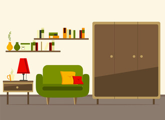 living room interior with furniture, sofa,  table, shelves with books and home flowers, floor lamp. flat cartoon vector illustration