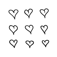 Doodle set of black and white pencil drawing objects. Hand drawn abstract illustration grunge elements. Vector abstract hearts for design use.