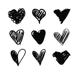 Doodle set of black and white pencil drawing objects. Hand drawn abstract illustration grunge elements. Vector abstract hearts for design