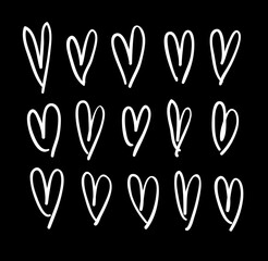 Doodle set of black and white pencil drawing objects. Hand drawn abstract illustration grunge elements. Vector abstract hearts for design use.