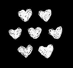 Doodle set of black and white pencil drawing objects. Hand drawn abstract illustration grunge elements. Vector abstract hearts for design use.