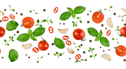 Tomato, basil, spices, chili pepper, onion, garlic. Vegan diet food, creative composition isolated on white. Fresh basil, herb, tomatoes pattern layout, cooking concept, top view. seamless pattern