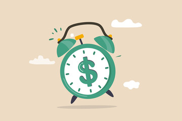 Time for money, making profit from investment, promotion alert for bargain deal, bill payment or deadline to start building wealth concept, ringing alarm clock with dollar money sign on clock face.