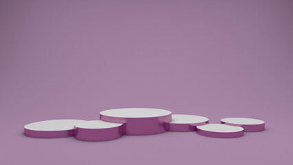 Round lilac golden podiums. Six metal cylinders. Display stands for products and goods. 3d render. Rectangular delicate background.