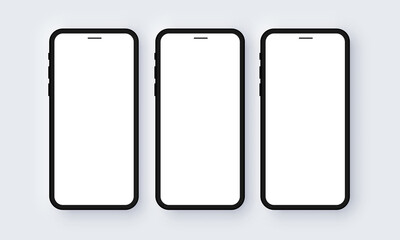 Realistic iPhone Three Mobile Phone Neomorphism Template Mockup Vector. Black 3D Front Design