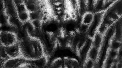 Terrible gates in underworld. Creepy face with metal patterns.