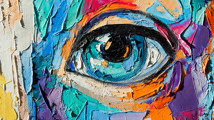 Oil portrait painting in multicolored tones. Abstract picture of a beautiful girl. Conceptual closeup of an oil painting and palette knife on canvas. © Mari Dein