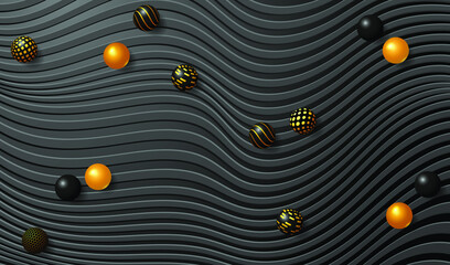 Dark technology background. Black metal surface with waves texture and spheres