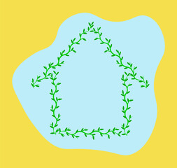 Green house made of branches with leaves isolated on light blue and illuminating yellow background. Ecology nature home concept. Housing development template. Copy space. Poster design. Summer banner.