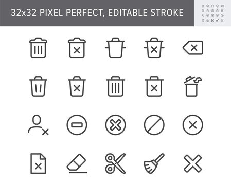 Delete simple line icons. Vector illustration with minimal icon - trash can, waste, garbage, dustbin, cancel, reject, document, file, remove button and backspace. 32x32 Pixel Perfect. Editable Stroke
