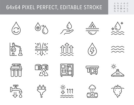 Water desalination line icons. Vector illustration include icon reverse osmotic filter, electrodialysis, evaporate, drop outline pictogram for rainwater cleansing. 64x64 Pixel Perfect Editable Stroke