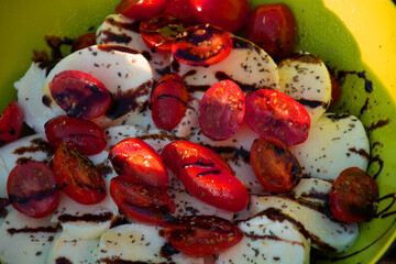 close-up of an appetizer caprese salad with fresh and healthy ingredients as a mediterranean italien food theme