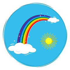 Round multicolored rainbow icon, shining stars, sun and clouds on a blue sky background. Vector illustration, cartoon style