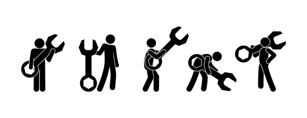 locksmith illustration, stick figure tech support isolated icon, man with wrench silhouettes set