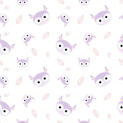 Seamless pattern with a cute owl face and a hand-drawn leaf, forest bird on a dark background, suitable for children's design poster, postcard, banner, greeting card