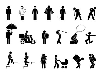 icon set, stick figure man isolated illustration, pictogram human silhouette on white background