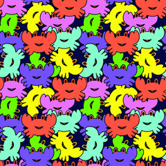 Abstract background multicolored crabs on a blue background, texture for design, seamless pattern, vector illustration