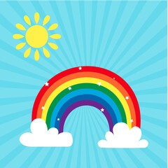 Multicolored rainbow icon, shining stars, sun and clouds on a blue sky background. Vector illustration, cartoon style