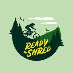 Vector mountain biking illustration with a rider, mountains, and pine trees