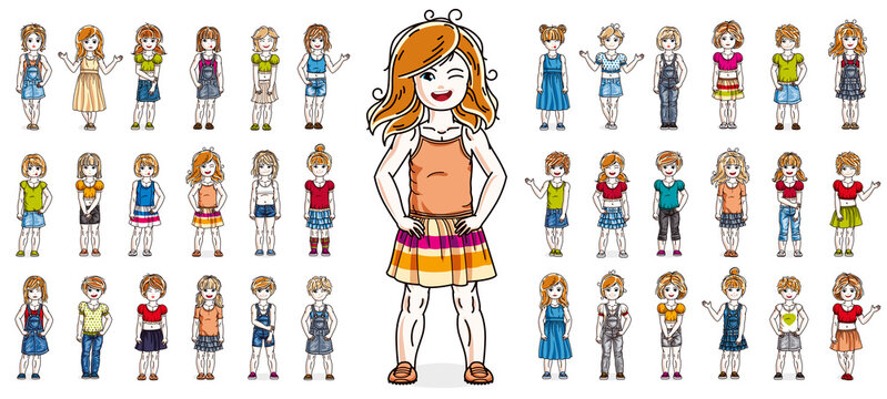 Little girls children happy and cute standing in full body length isolated over white vector illustrations big set, beautiful little kids girls diversity big collection of characters drawings.