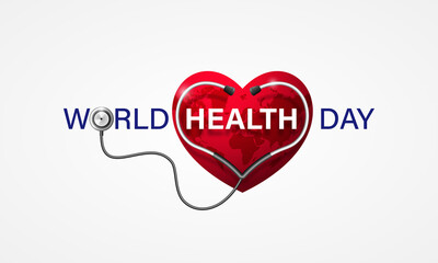 World health day concept with doctor stethoscope and heart with earth map. Vector illustration.