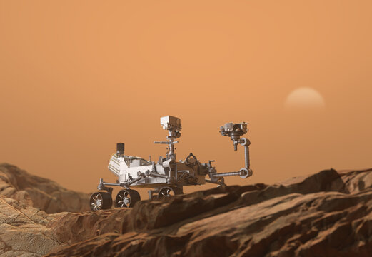 Mars Rover Perseverance exploring the red planet. Exploration mission in 2021. Rocky soil and dense, sandy atmosphere. Sun breaks through. Some elements of this image furnished by NASA.