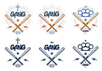 Baseball bats crossed vector criminal gang logos or signs set, gangster style theme.