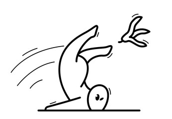 Small funny cartoon man falls because of banana skin vector flat style illustration isolated on white, failure unexpected oops concept.