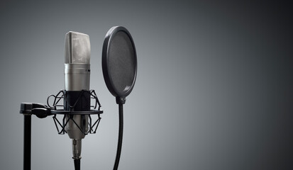 Studio microphone and pop shield on mic stand against gray background - obrazy, fototapety, plakaty