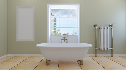 Naklejka na ściany i meble Modern bathroom with large window. 3D rendering.