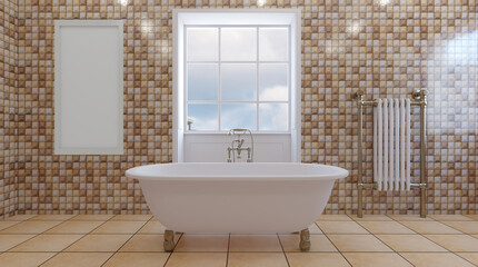 Modern bathroom with large window. Sunset.  Empty picture. 3D rendering.