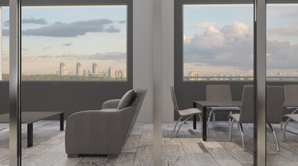 Furniture set with table, chairs and devices. 3D rendering.