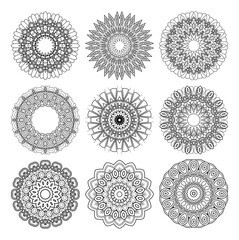 Vector Monochrome Set of Mandalas. Round Abstract Objects Isolated On White Background. Ethnic Decorative Element
