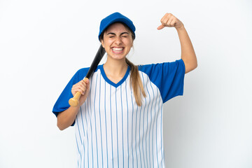 Young caucasian woman playing baseball isolated on white background doing strong gesture