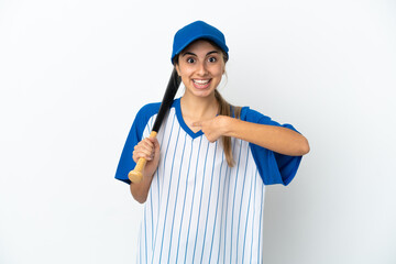 Young caucasian woman playing baseball isolated on white background with surprise facial expression