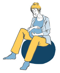 Pregnant Woman Sitting on Ball sketch . Hand drawn Vector illustration