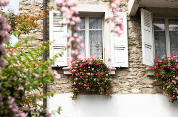 Fototapeta na wymiar House windows with shutters and flowers
