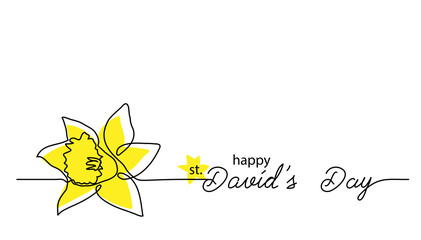 Saint David s day feast simple vector banner, poster, background. One continuous line drawing of narcissus with lettering Davids day - obrazy, fototapety, plakaty
