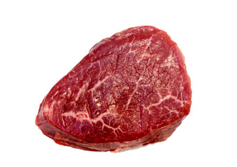 A Parisien steak made from raw marbled beef lies on a white background. Isolated