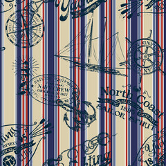 Grunge nautical badges and elements with striped background vintage marine vector seamless pattern