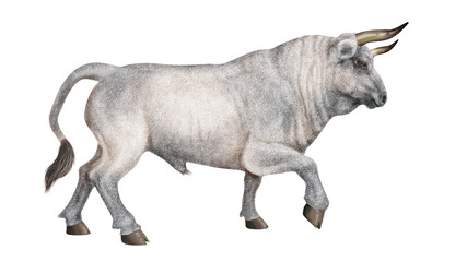 Fototapeta premium taureau, corne, tauromachie, mammifère, blanc, vache, sauvage, faune, bétail, ferme, fond blanc, brun, nature, mollet, debout, agriculture, fourrure,