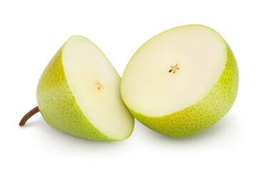 Green pear fruit half isolated on white background with clipping path and full depth of field
