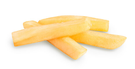 French fries or fried potatoes isolated on white background with clipping path and full depth of field