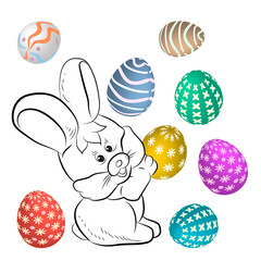 Easter. Cute little easter bunny made in cartoon style. Easter eggs. The design is best suited for children's products: coloring books, games.