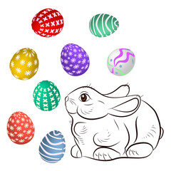 Easter. Cute little easter bunny made in cartoon style. Easter eggs. The design is best suited for children's products: coloring books, games.